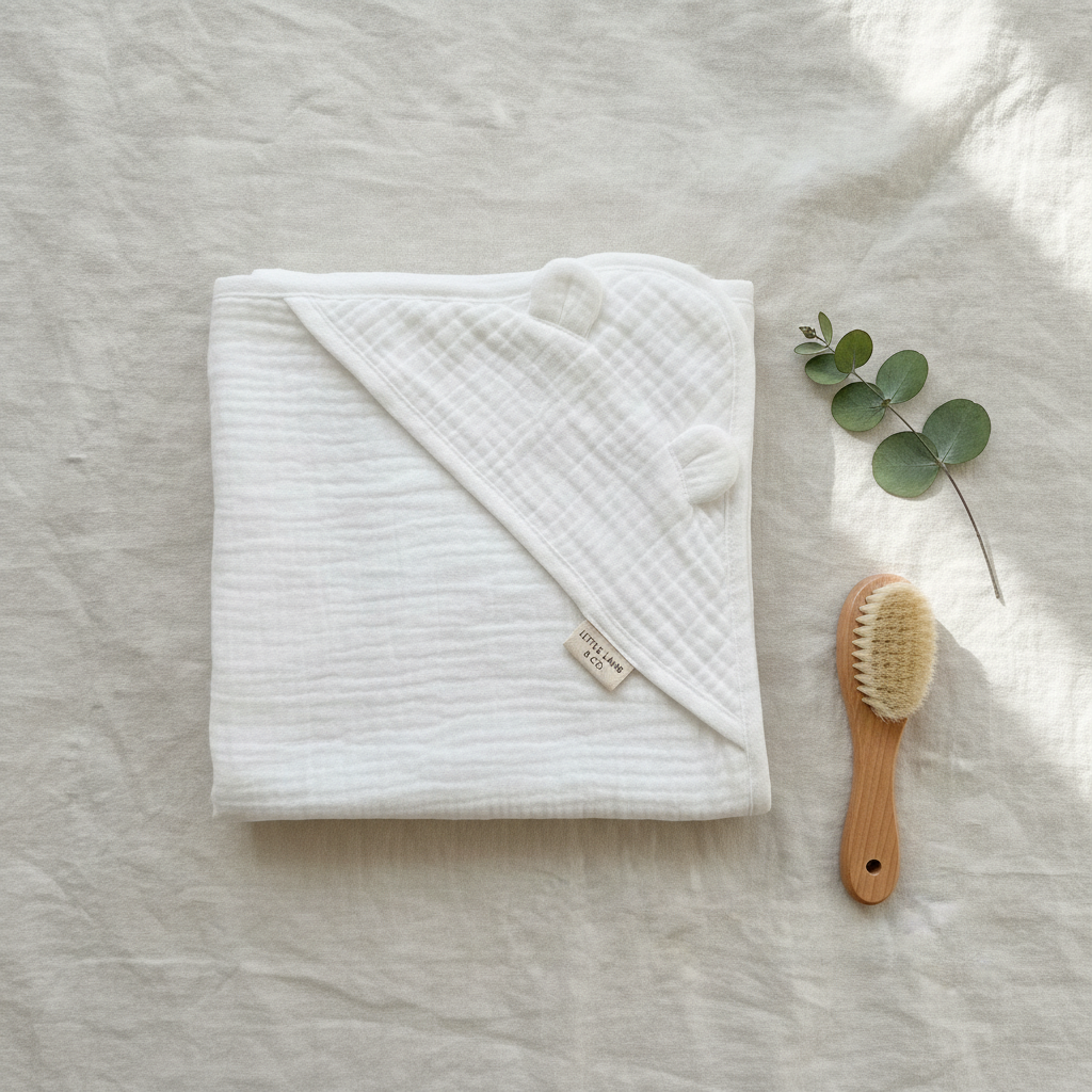 Overhead flat-lay of folded white muslin hooded baby poncho with brush and eucalyptus