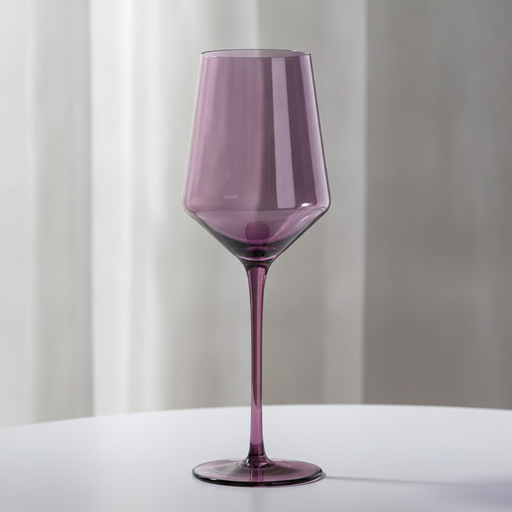 Close-up of the translucent purple wine goblet showing the colour glowing through the glass