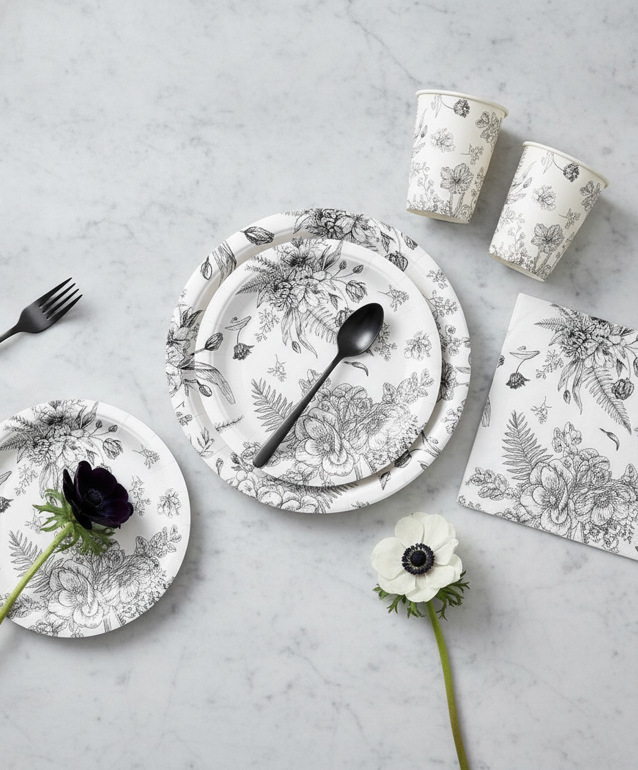 Overhead flat-lay of black floral vintage paper plates, napkins and cups