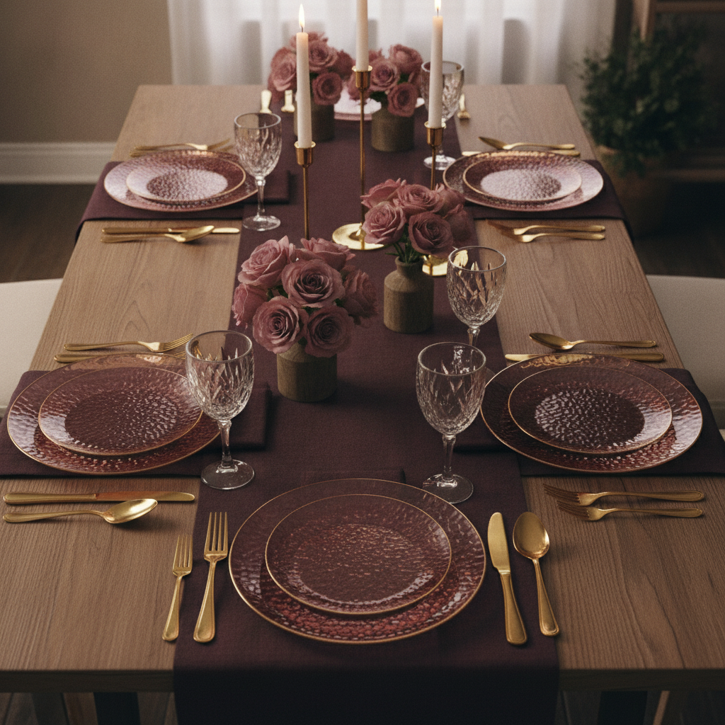 Elegant holiday tablescape flat-lay with burgundy gold-rim disposable plastic plates and roses