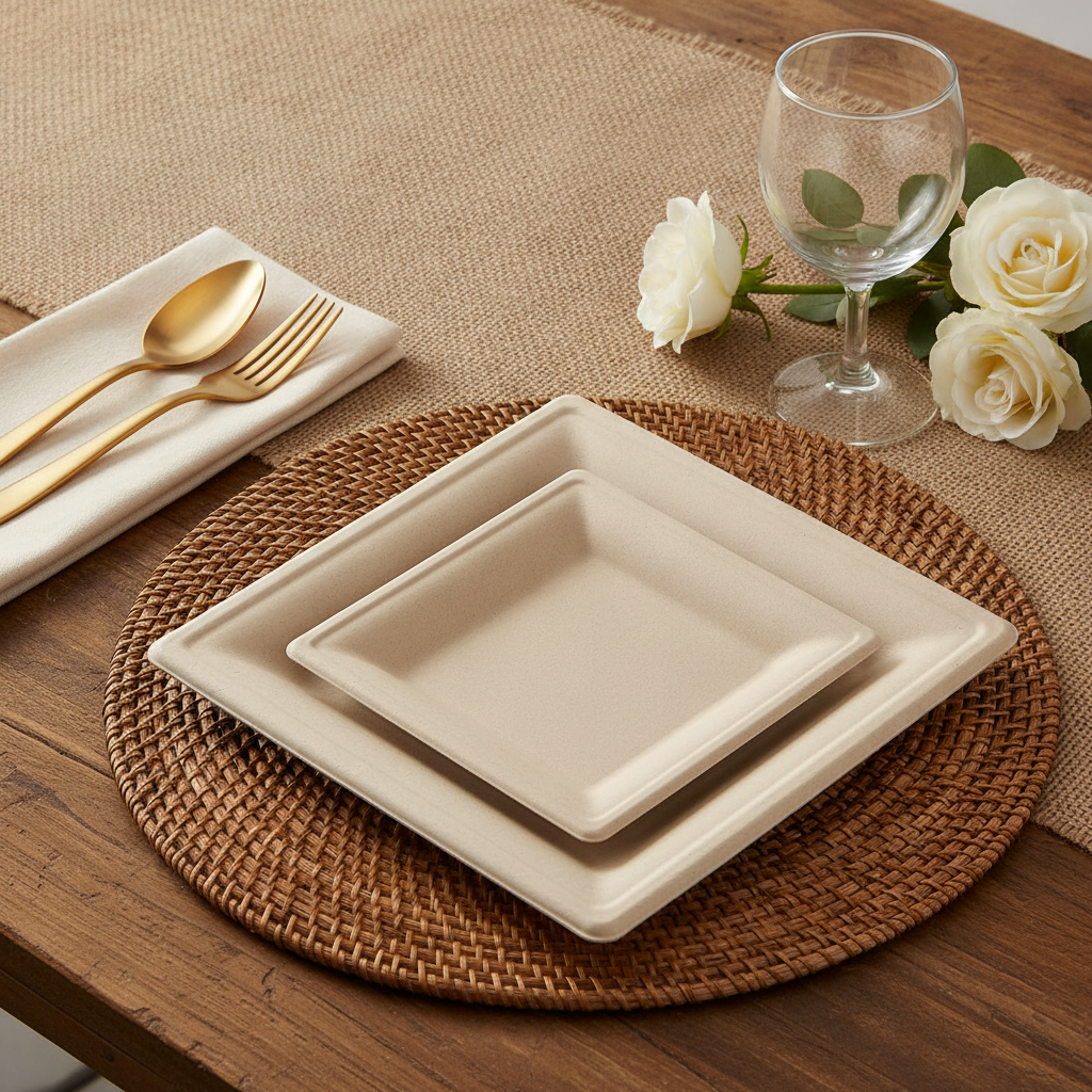 Natural brown square compostable sugarcane bagasse disposable paper party plates styled rustic tablescape