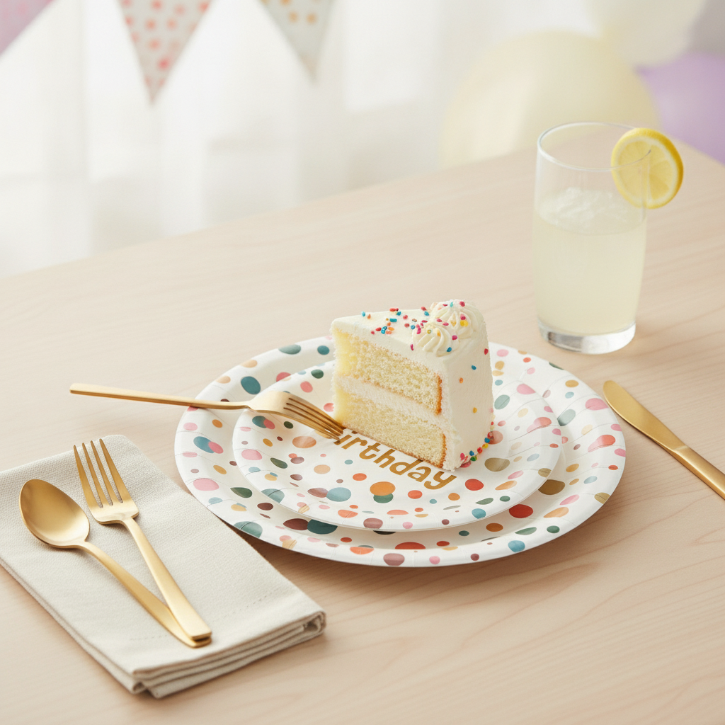 Happy Birthday confetti paper plate with cake slice gold flatware and lemonade at a place setting