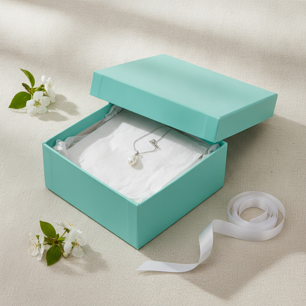 Open turquoise teal gift box with jewelry and white tissue paper