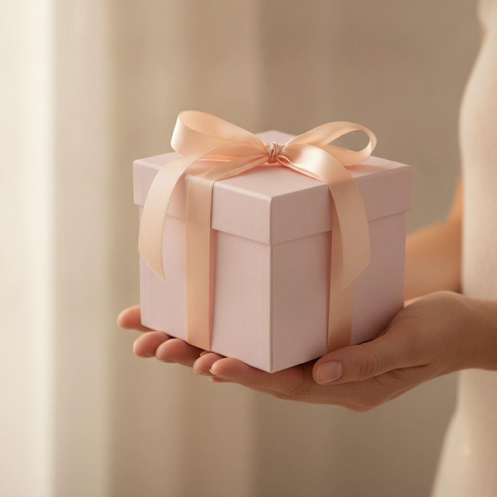 Pink square gift box with satin bow held in two hands as a gift