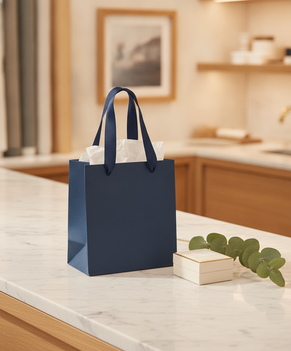 Navy blue gift bag on a marble boutique counter with a jewelry box