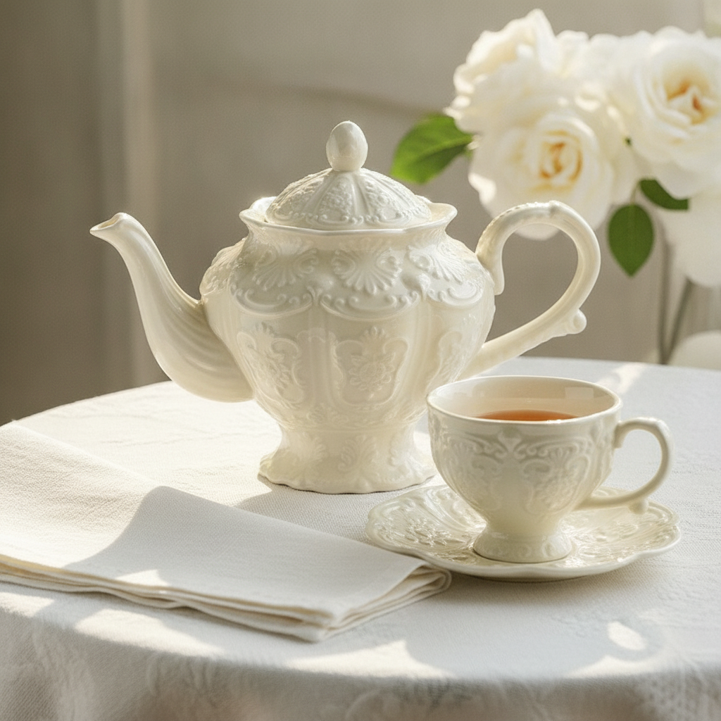 Cortese ceramic teapot and teacup on a linen tablecloth with white roses