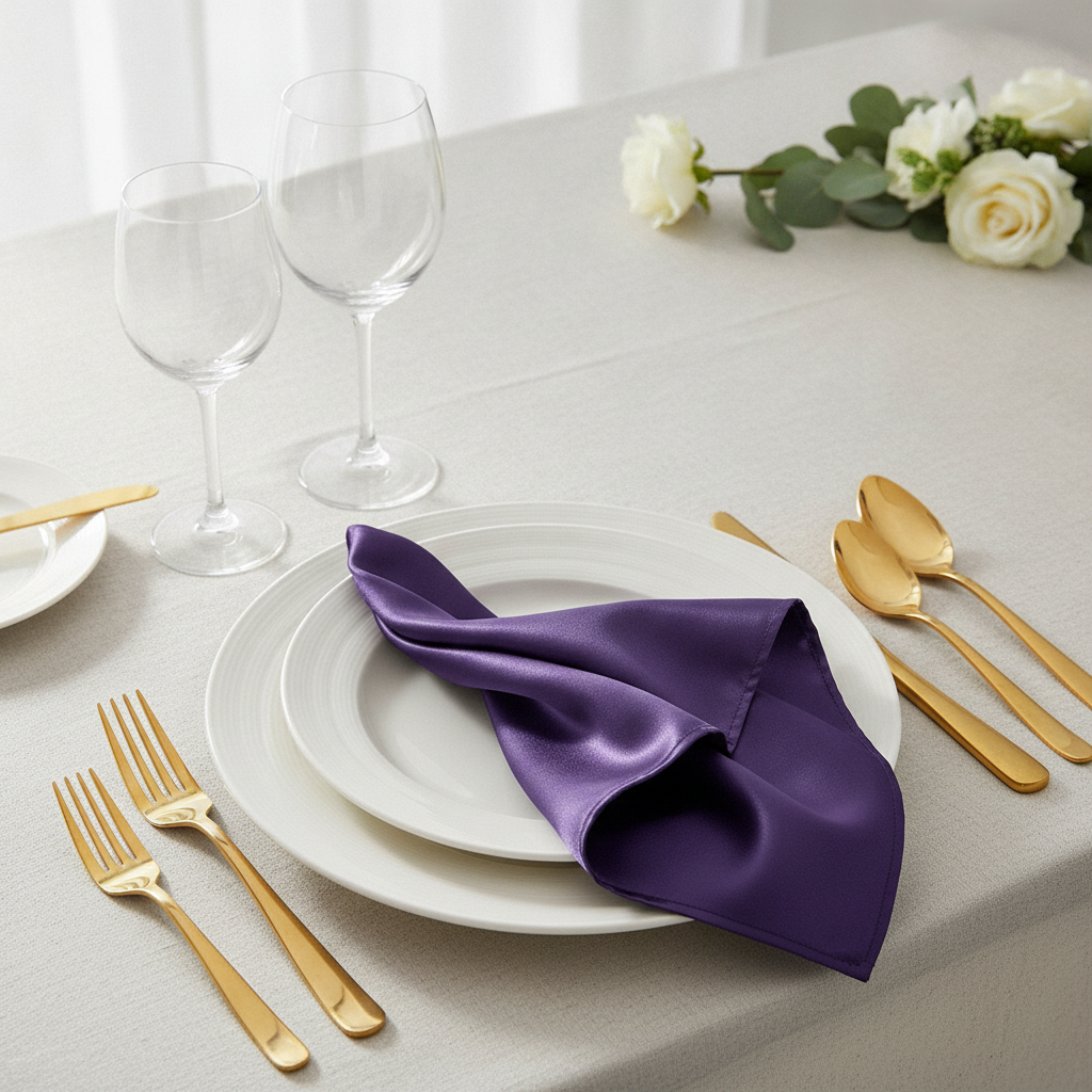 Purple satin napkin draped over a white dinner plate with gold cutlery