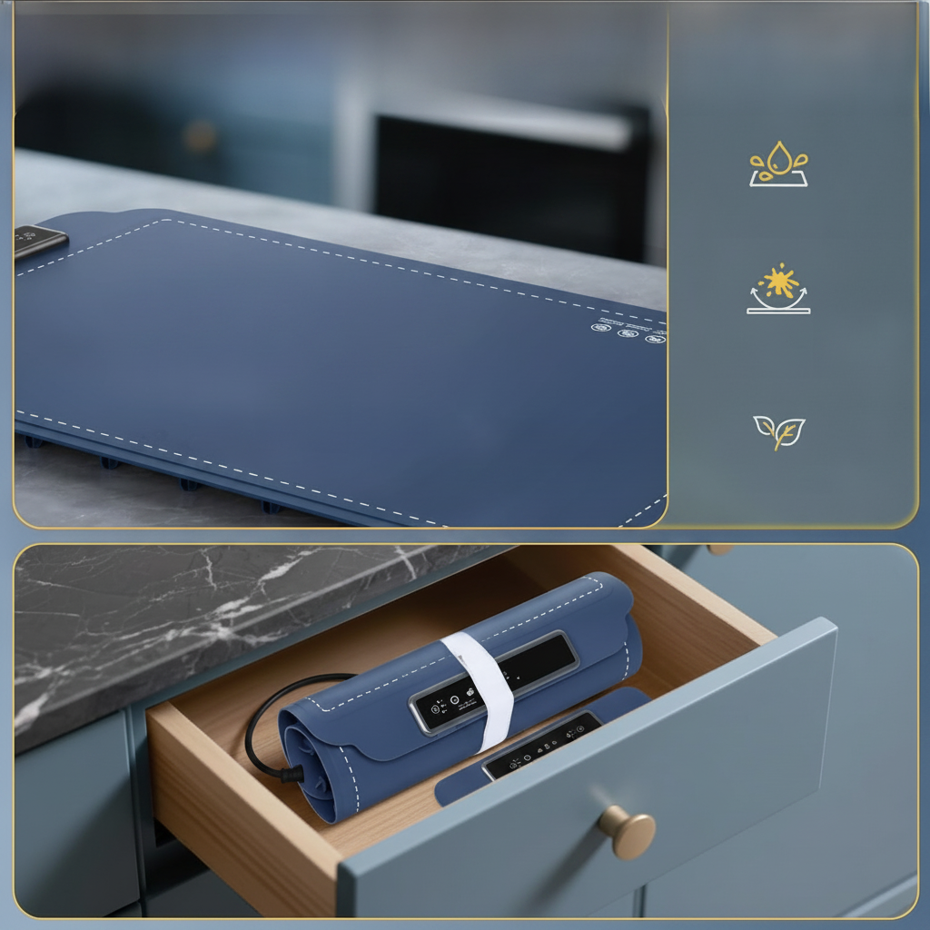 The flexible silicone warming mat rolled up and stored in a kitchen drawer