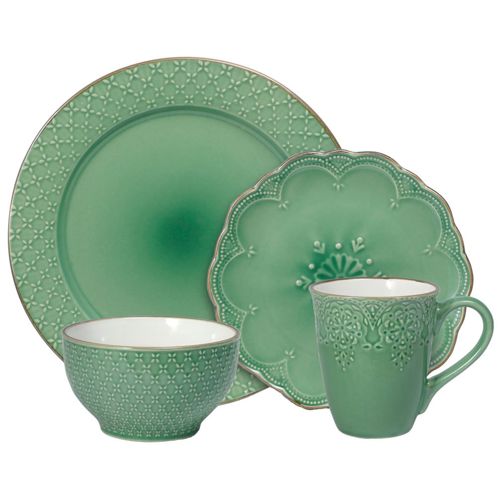 Green French Lace Stoneware Dinner Set, 16-Piece