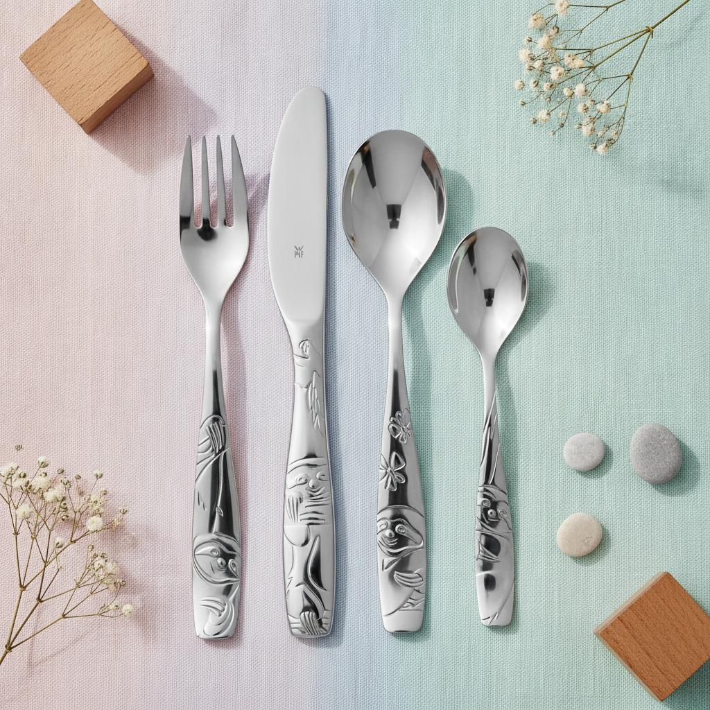 Flat-lay of children's 4-piece stainless cutlery set on pastel linen