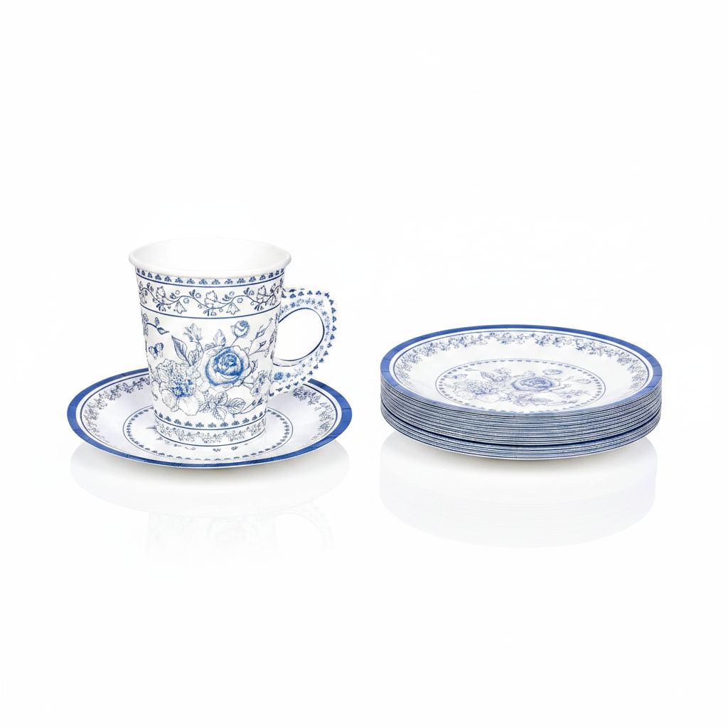 Blue and white floral paper tea cup with handle on matching paper saucer, disposable tea party set