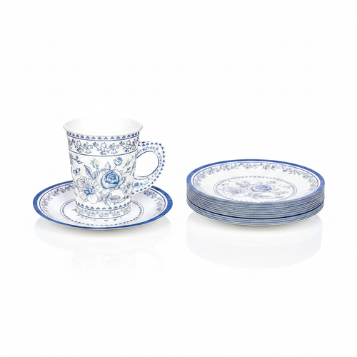 Blue and white floral paper tea cup with handle on matching paper saucer, disposable tea party set