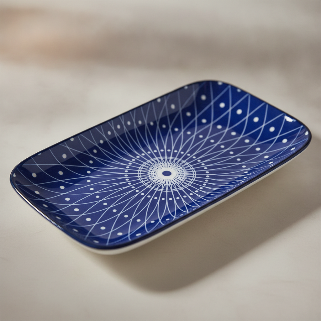 Close-up of the cobalt sunburst medallion pattern and curved edge on the rectangular plate