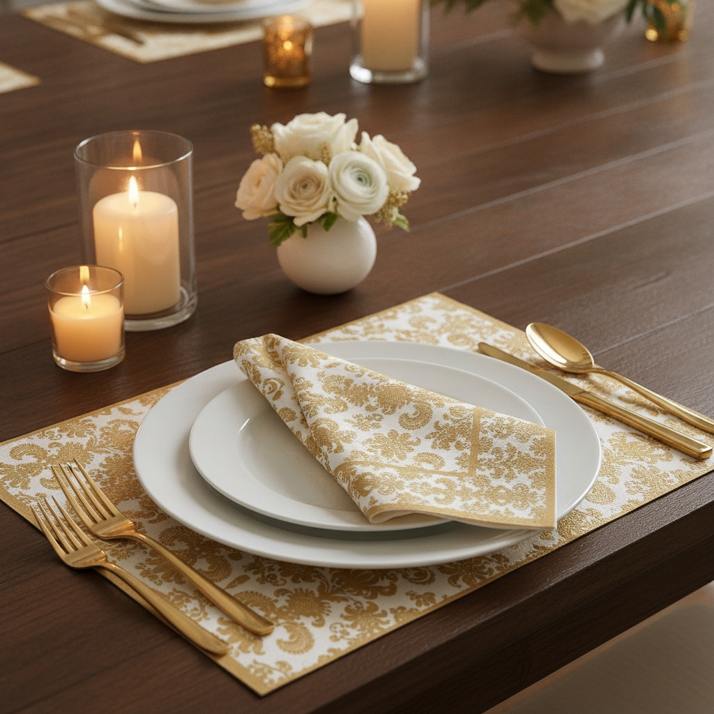 Holiday place setting with gold-printed paper napkin, placemat and gold cutlery