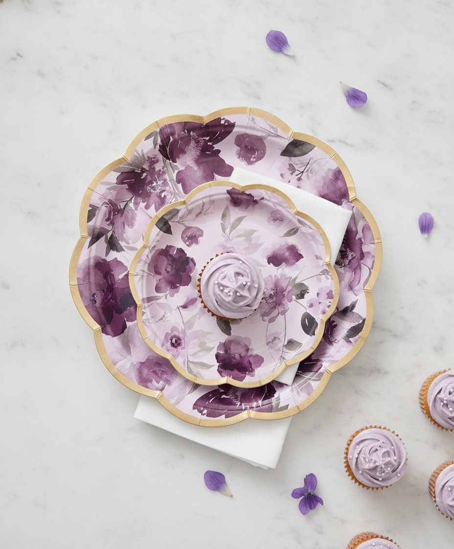 Baby shower dessert table flat-lay with purple floral disposable paper plates and lavender cupcakes