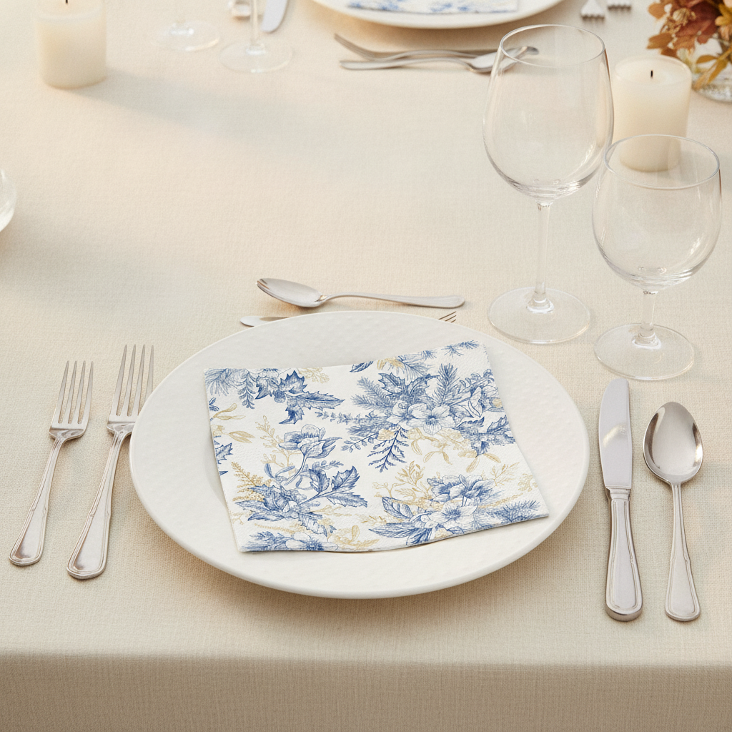 Blue and gold floral paper napkin folded on a white plate place setting
