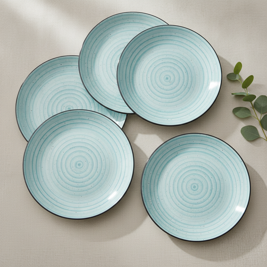 Overhead flat-lay of fanned blue spiral stoneware plates with eucalyptus