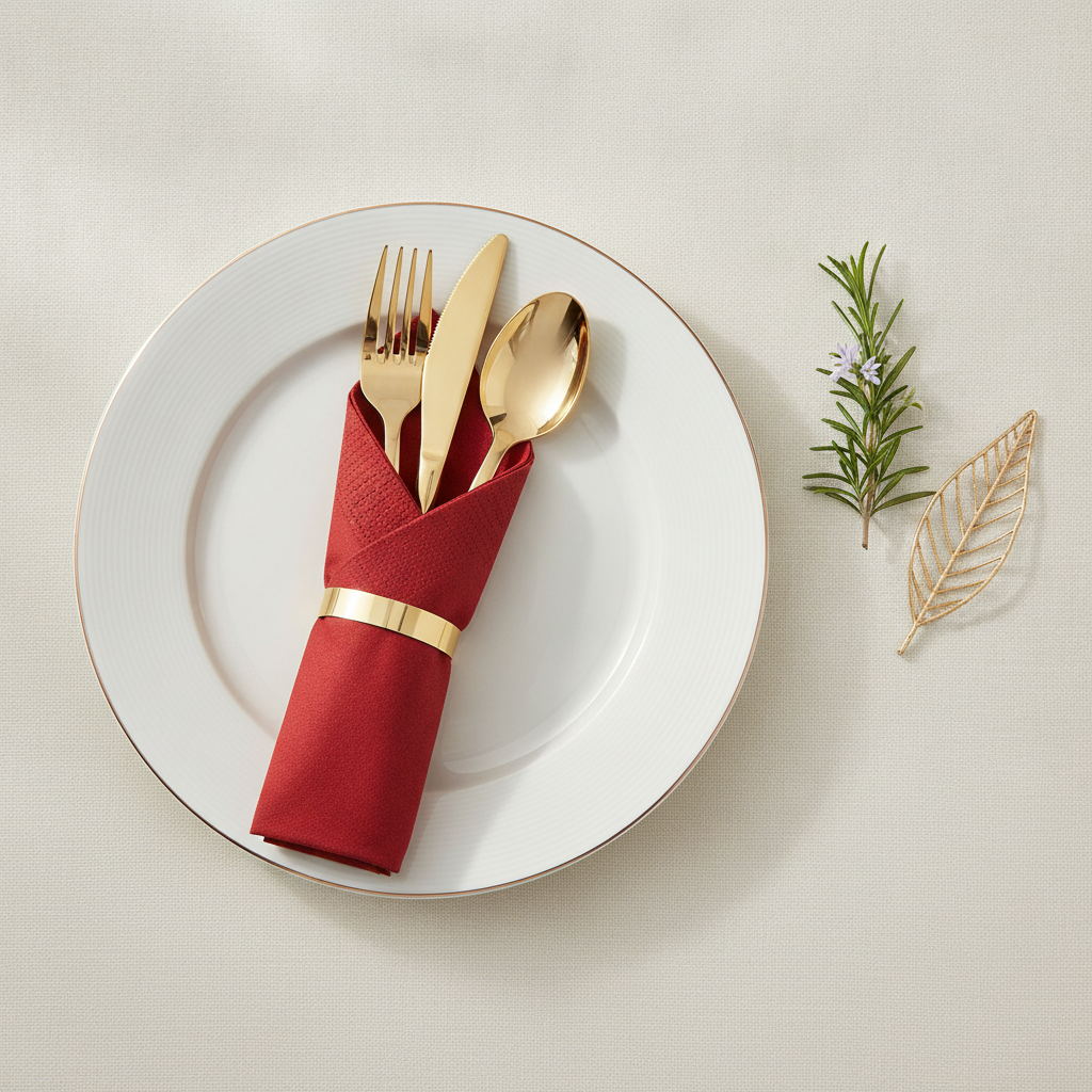 Overhead flat lay place setting with a gold and red pre-rolled cutlery bundle