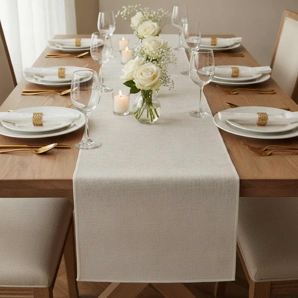 Cream burlap runner styled down an elegant dining table with white florals and gold cutlery