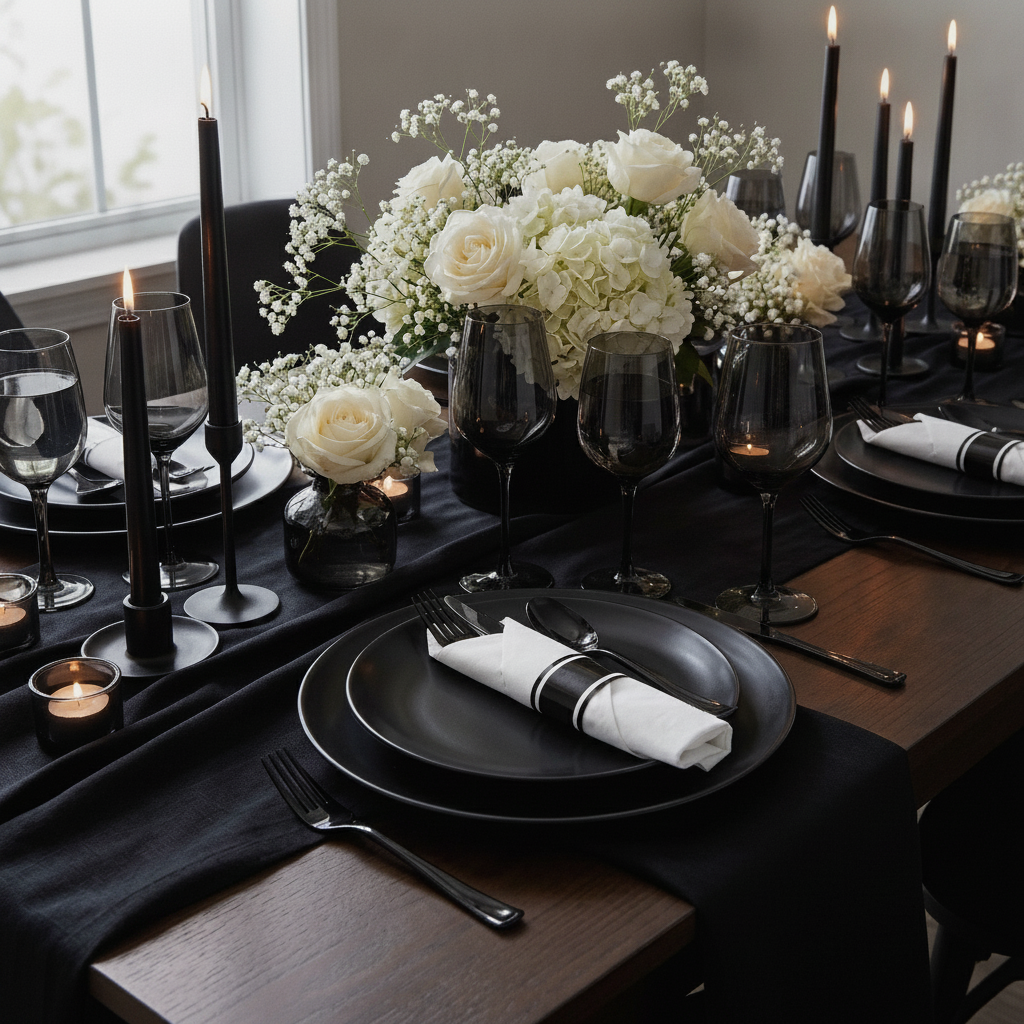 Modern dinner party place setting with a black and white cutlery bundle on a black plate