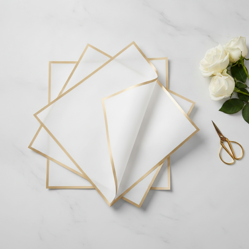 White gold-edge wrapping sheets fanned out with white roses and scissors