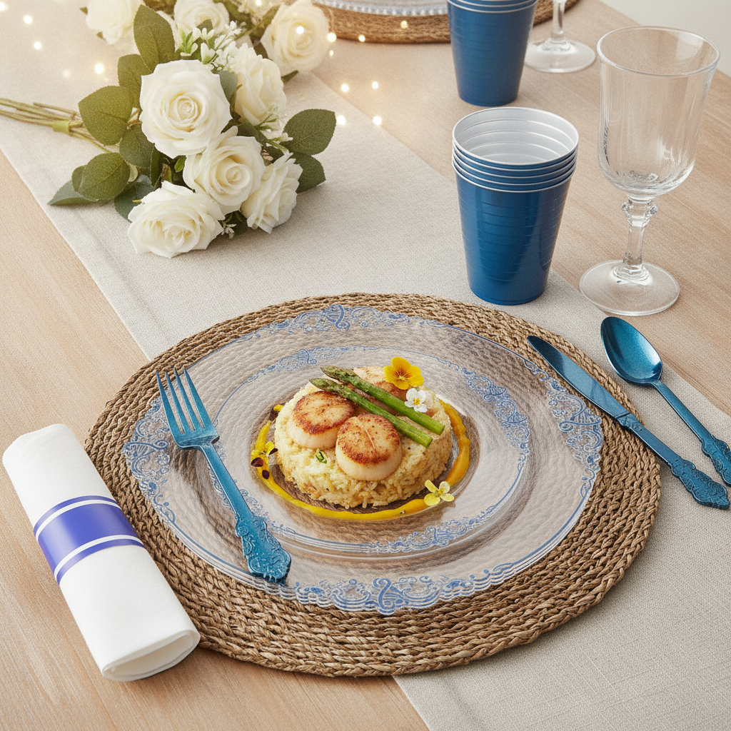 Clear-blue baroque disposable plate with a plated dish on a celebration table