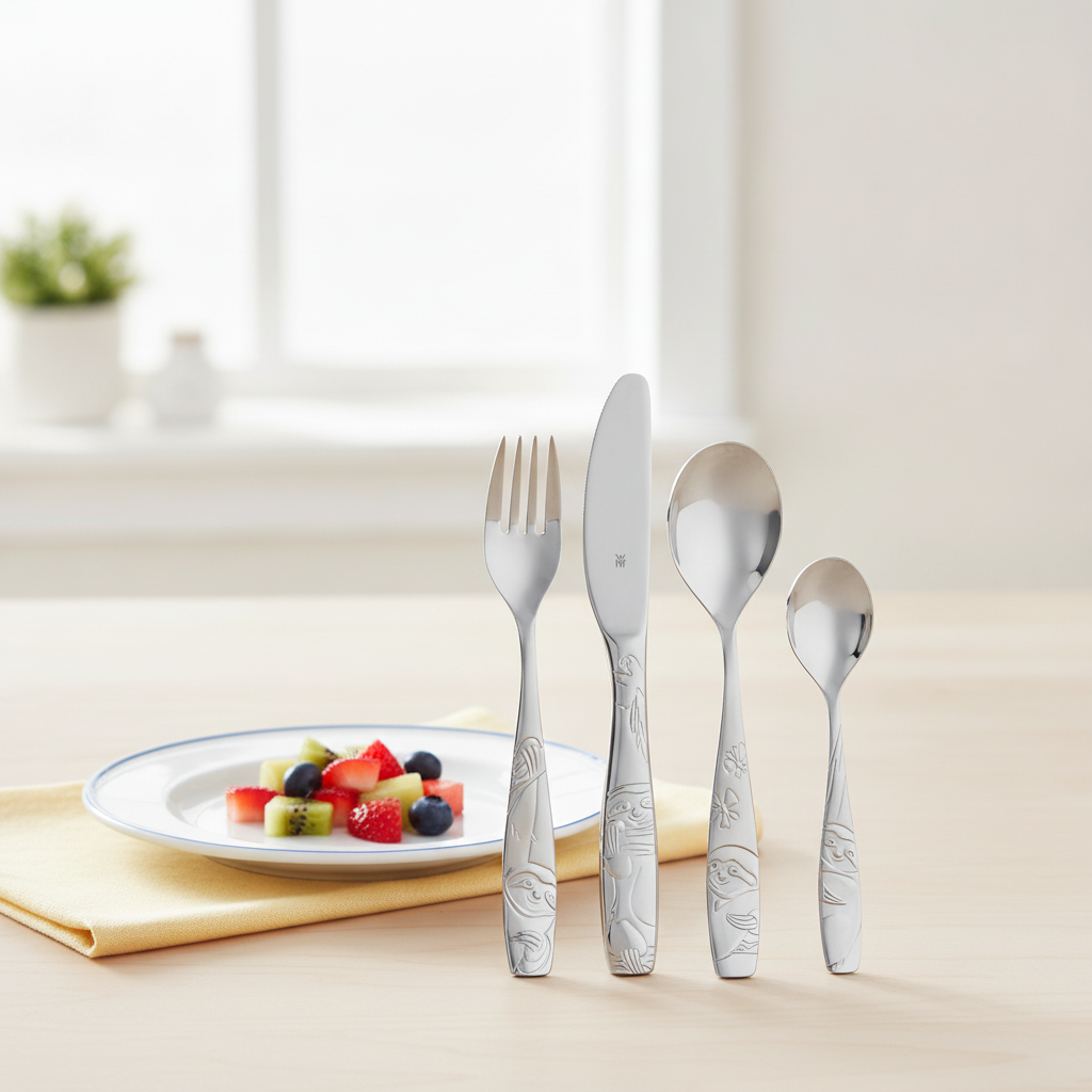 Children's stainless cutlery in a bright cheerful place setting