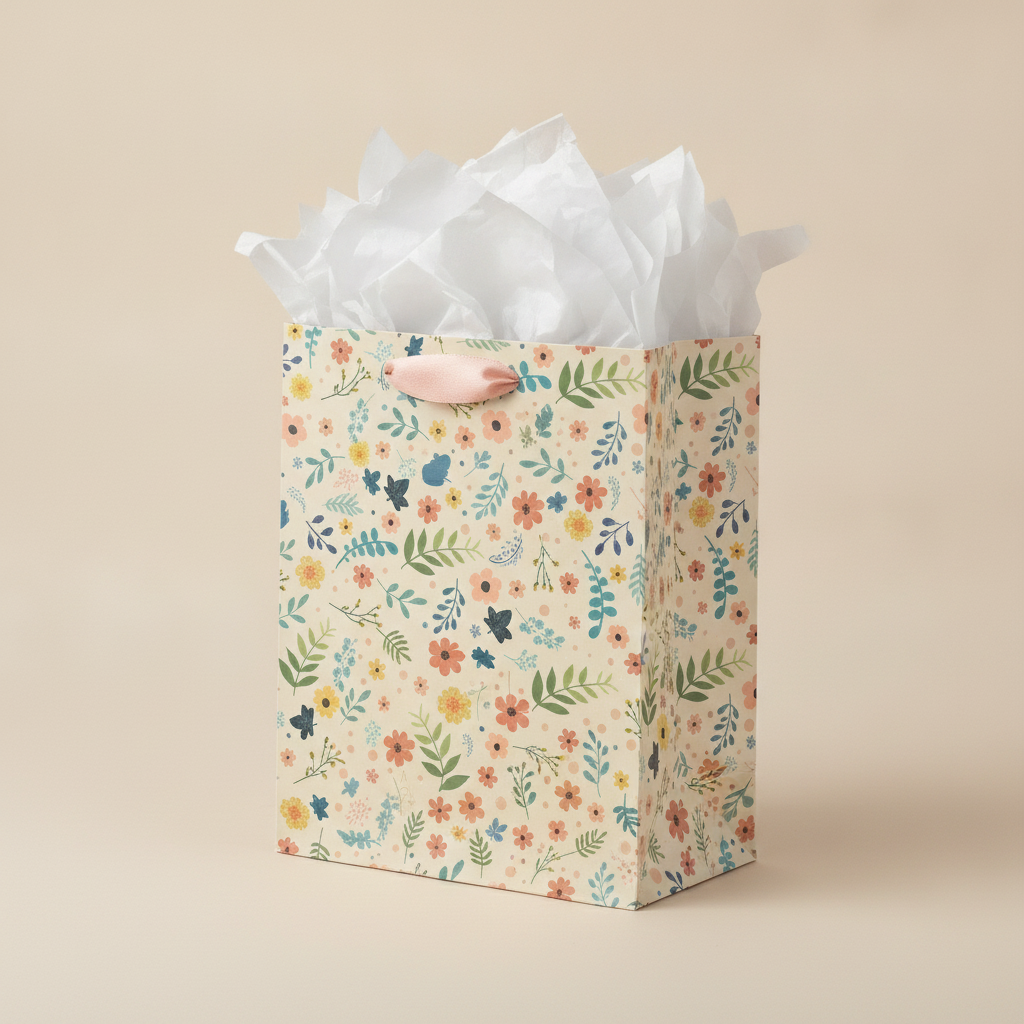 Single floral-print gift bag with white tissue paper
