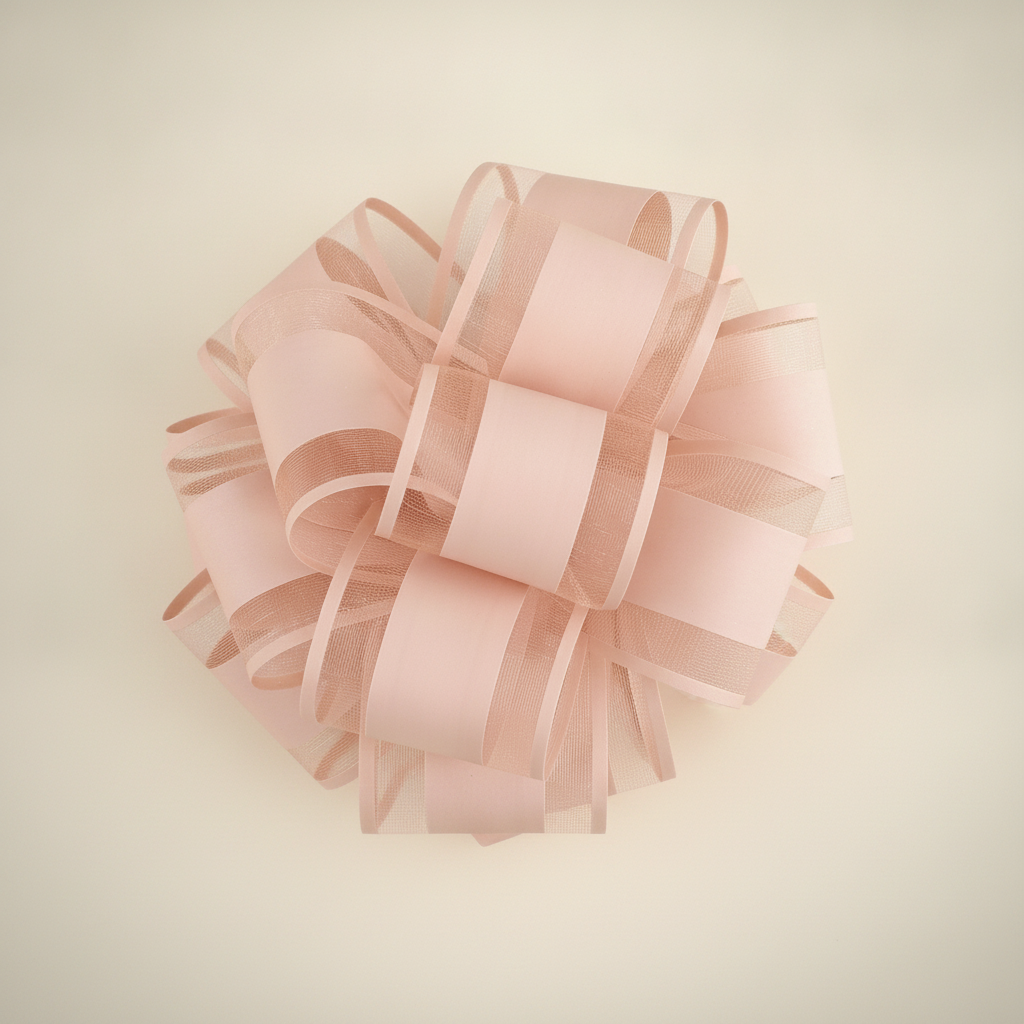 Top-down macro of a blush pink organza pull bow
