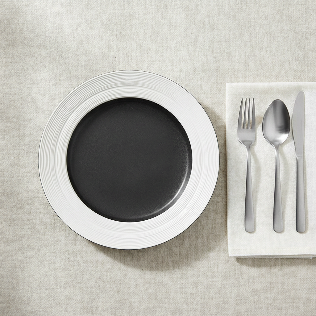 Overhead flat-lay of white-rim black-center porcelain plate with napkin and flatware