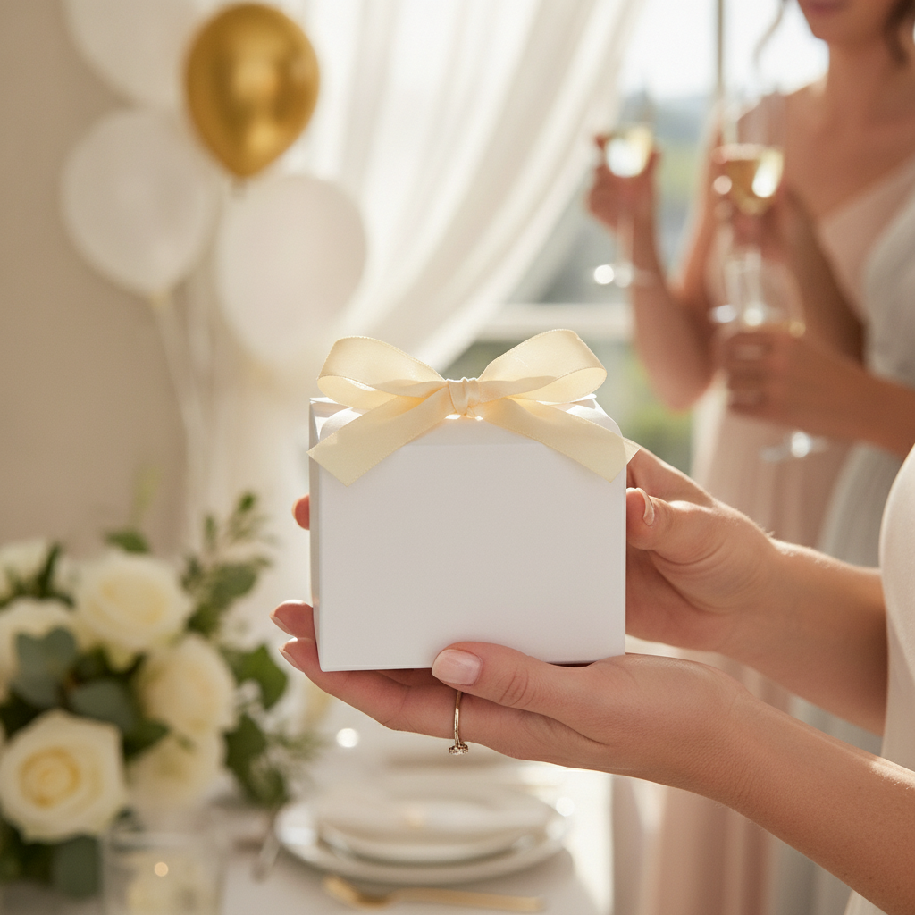 Hands holding a white gift box with cream ribbon at a bridal shower