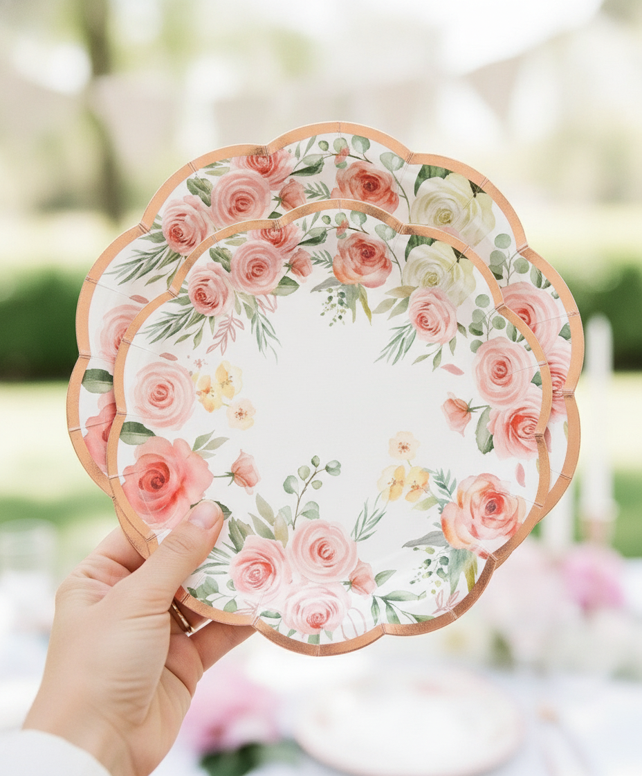 Two-size stack of watercolor rose disposable paper party plates held in hand at a garden party