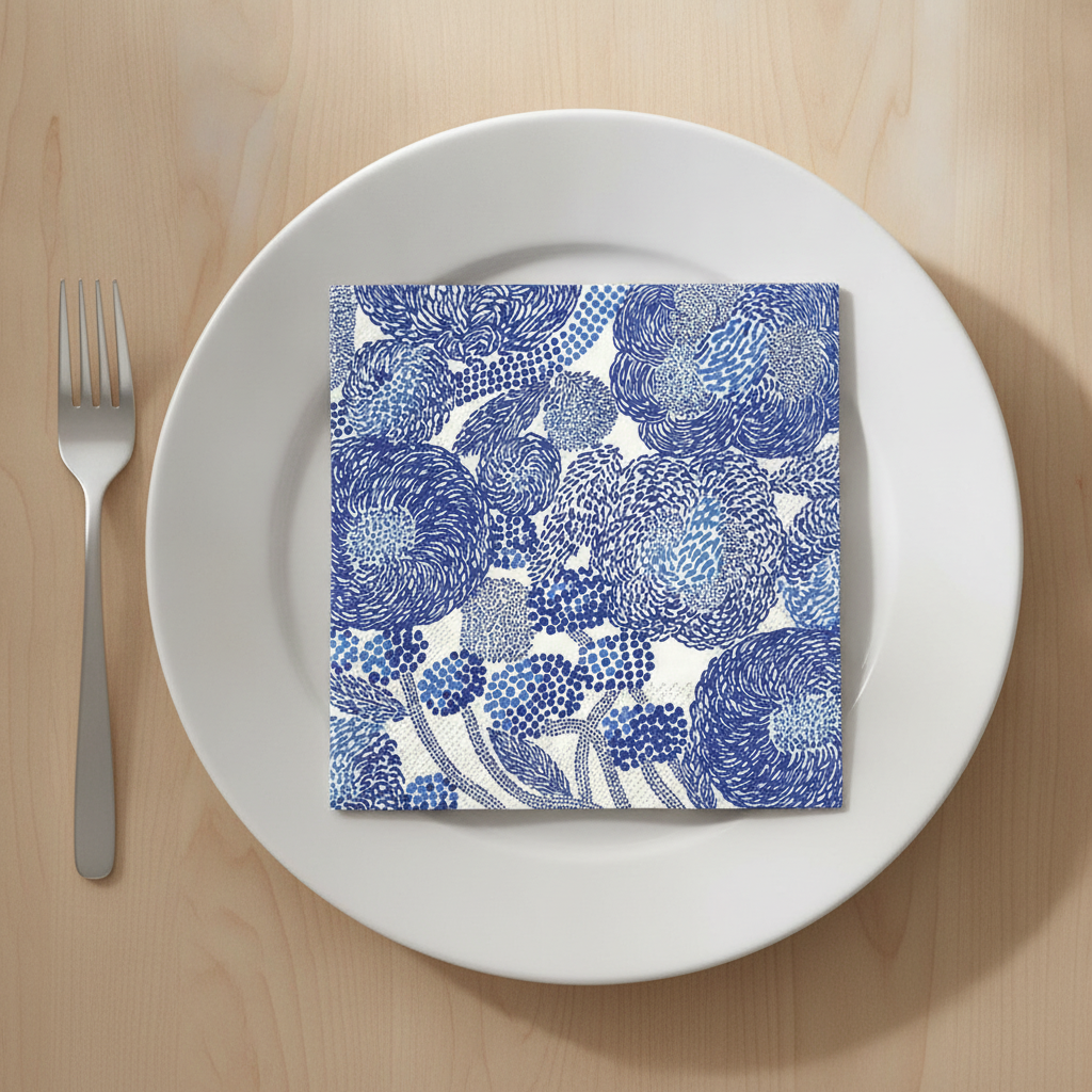 Scandinavian floral paper napkin folded on a plain white plate place setting