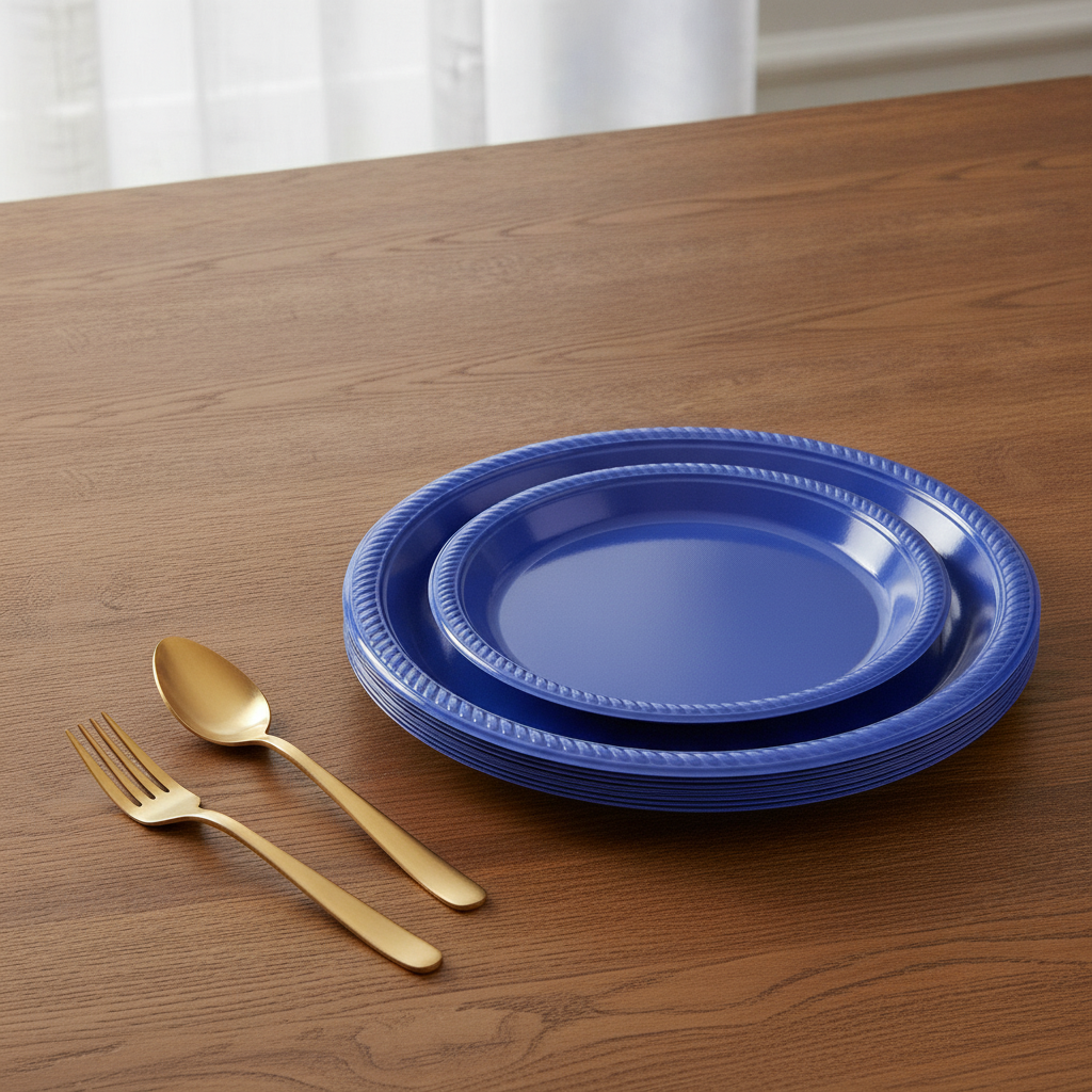 Angled stack of dark royal-blue plastic dinner plates with gold cutlery on wood