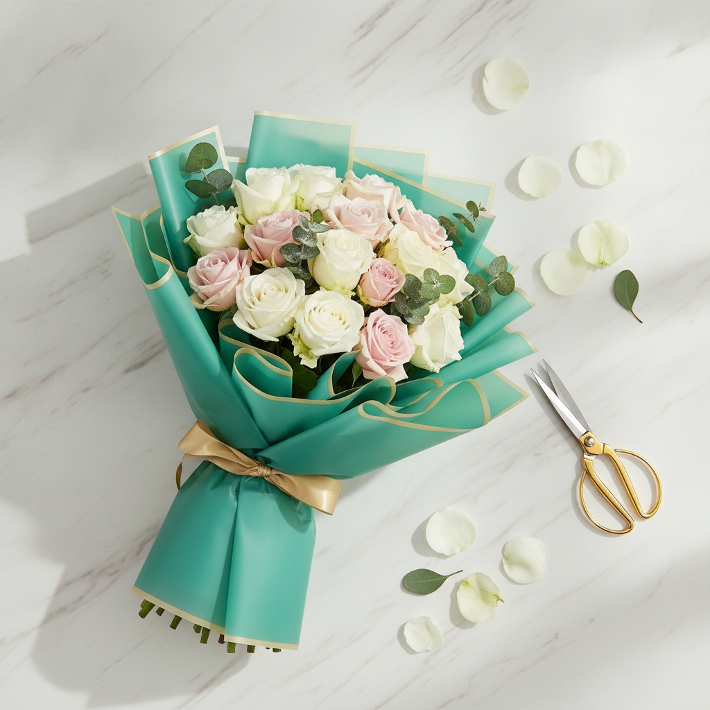 Rose bouquet wrapped in teal green gold-edge film on marble