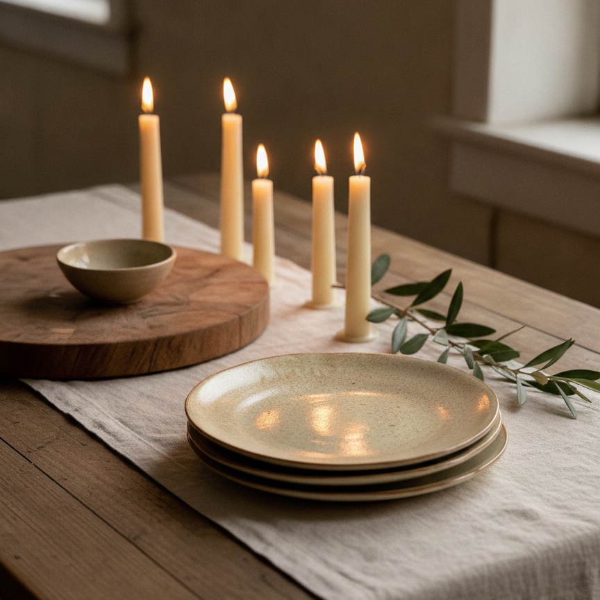 Stack of Sabbia matte stoneware plates styled on linen with candles and olive greenery