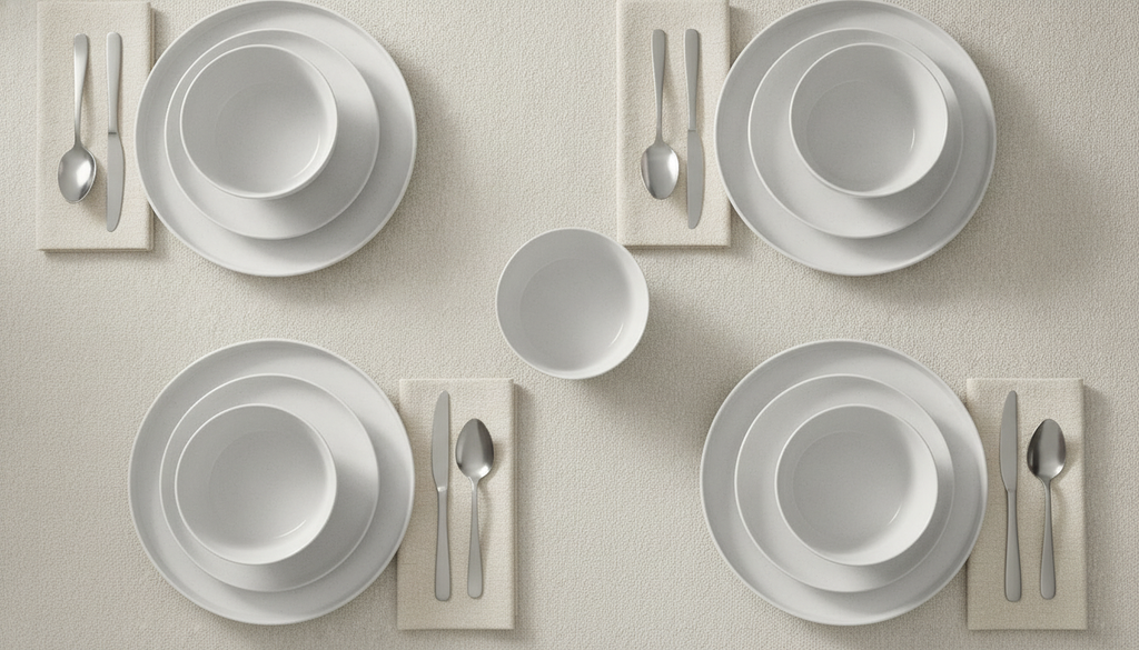 Overhead flat-lay of the Perla speckled stoneware set styled as a table for four