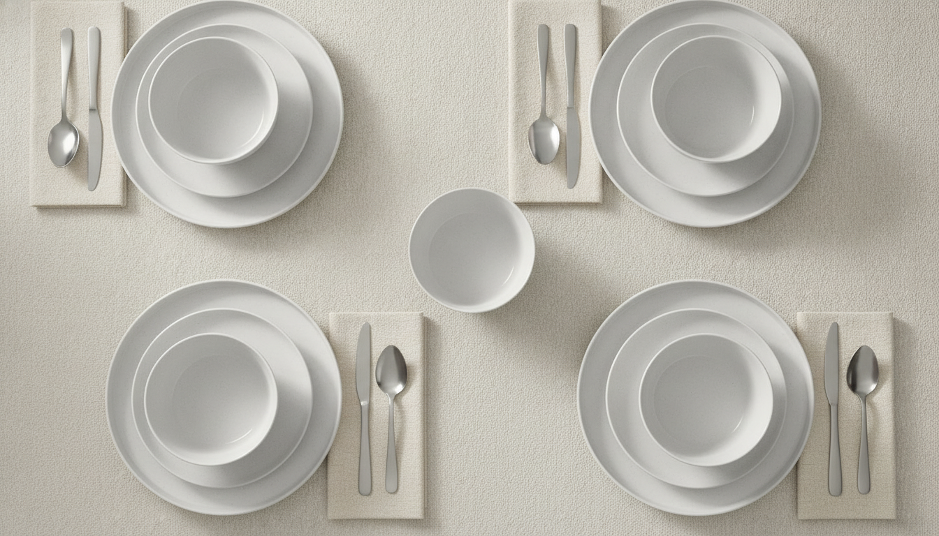 Overhead flat-lay of the Perla speckled stoneware set styled as a table for four
