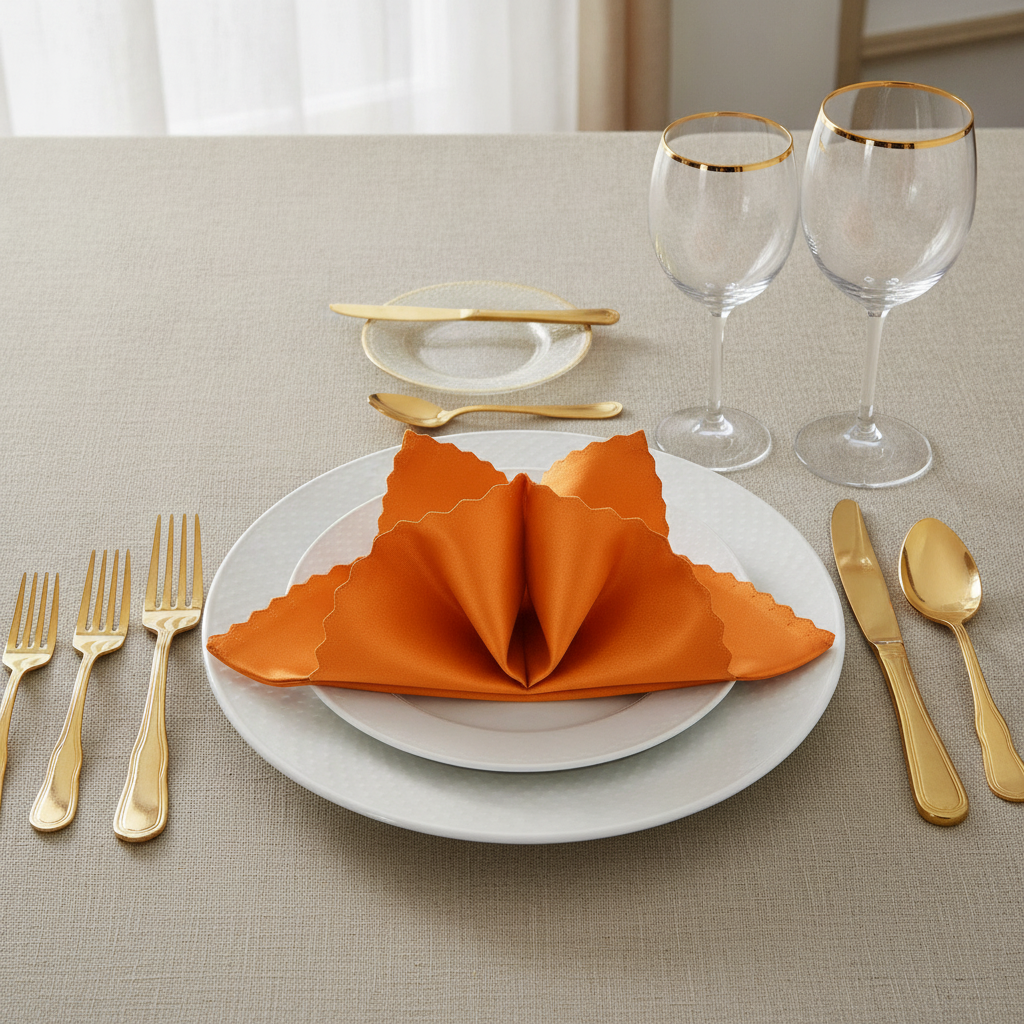 Burnt orange satin napkin folded on plate with gold flatware place setting