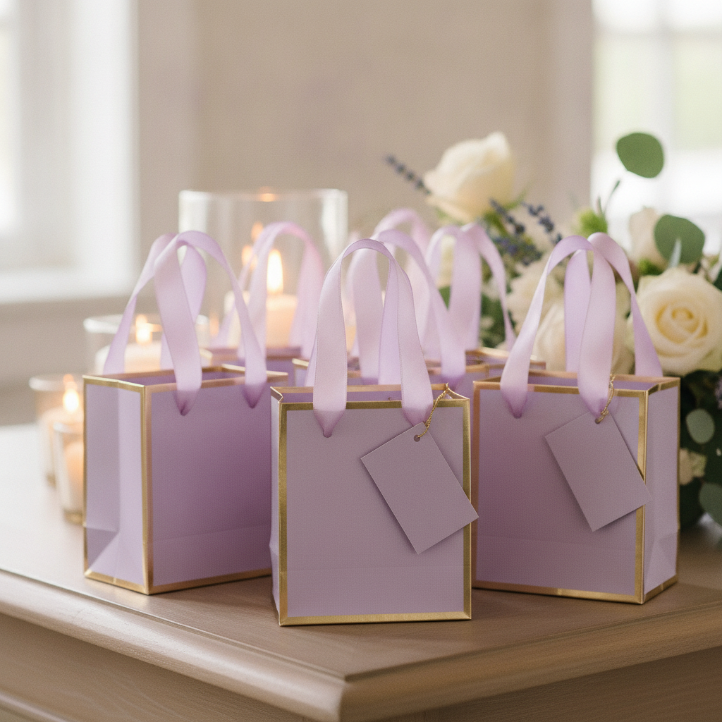 Cluster of lavender gold-foil mini gift bags as favors on a reception table