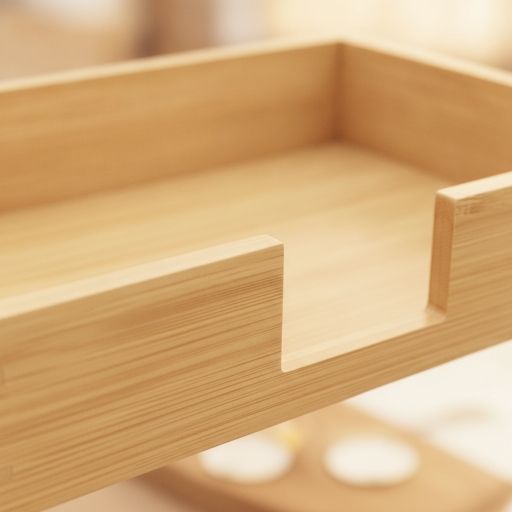 Close-up of the warm natural bamboo grain and low front notch of the guest towel tray