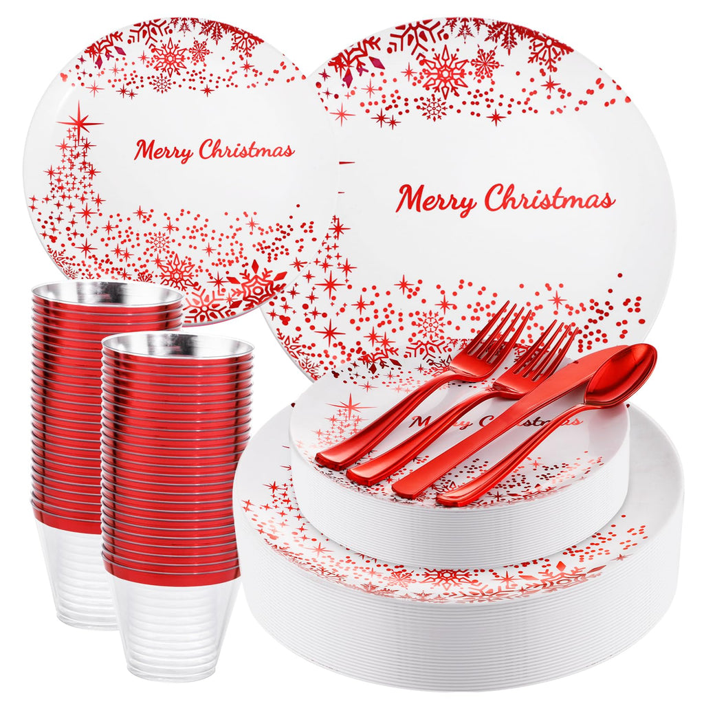 Red Christmas Plastic Dinnerware Set for 25, 150 pc