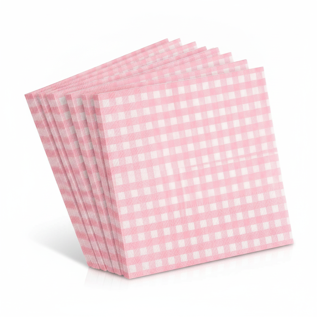 Pink and white gingham buffalo-plaid paper napkins, fanned stack on white
