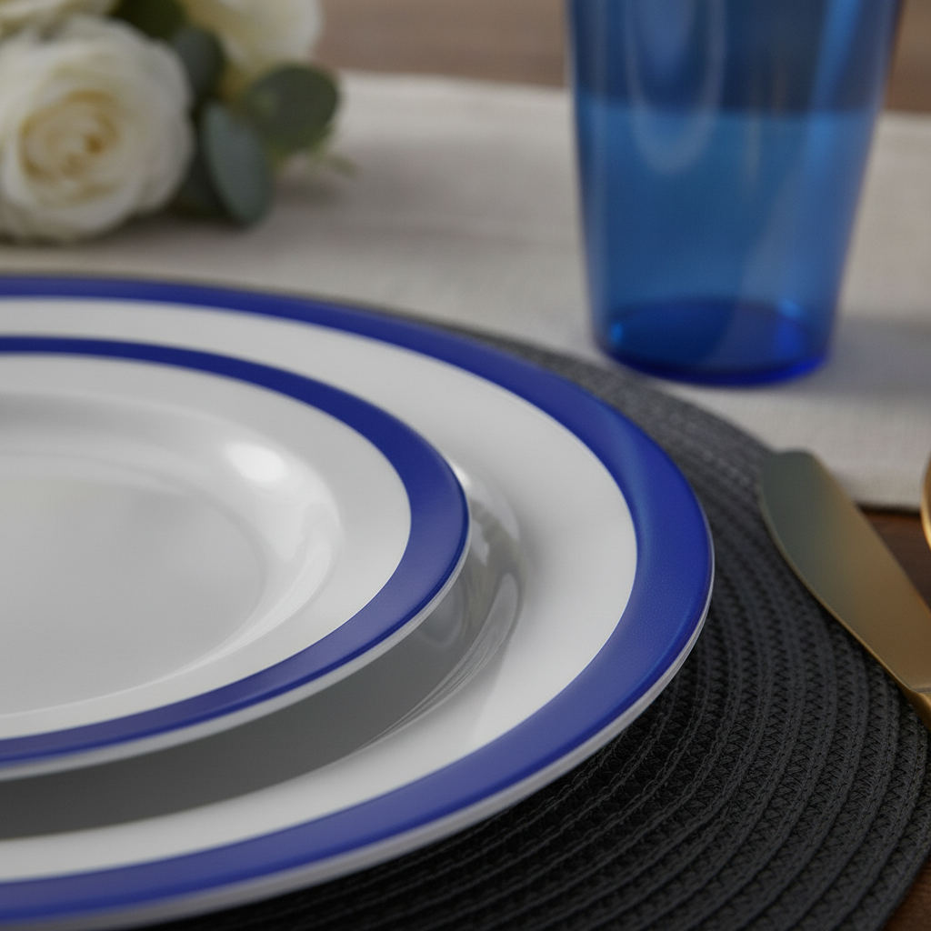 Macro close-up of the clear plate's royal blue round rim