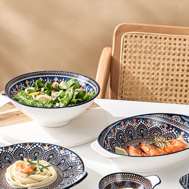Bohemian ceramic round soup plate with irregular shape and bright floral decal design