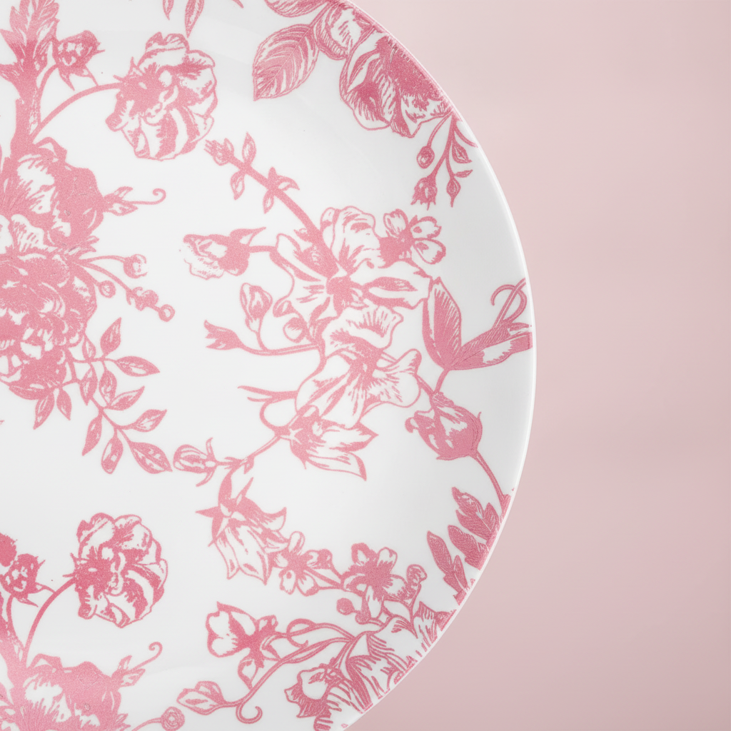Macro close-up of pink floral toile print and wavy edge on a plastic party plate