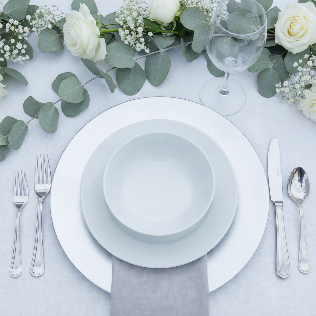 Wedding place setting with silver-white charger plate, silver cutlery and roses