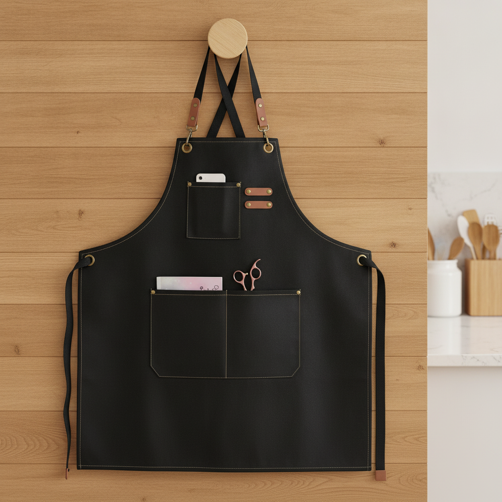 Black waxed-canvas cross-back apron with tan leather straps hanging on a wooden hook in a modern kitchen