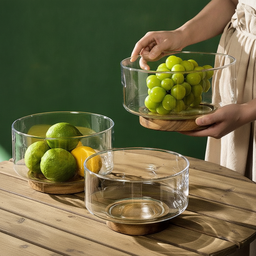 Clear borosilicate glass serving bowls on acacia-wood bases with fresh fruit