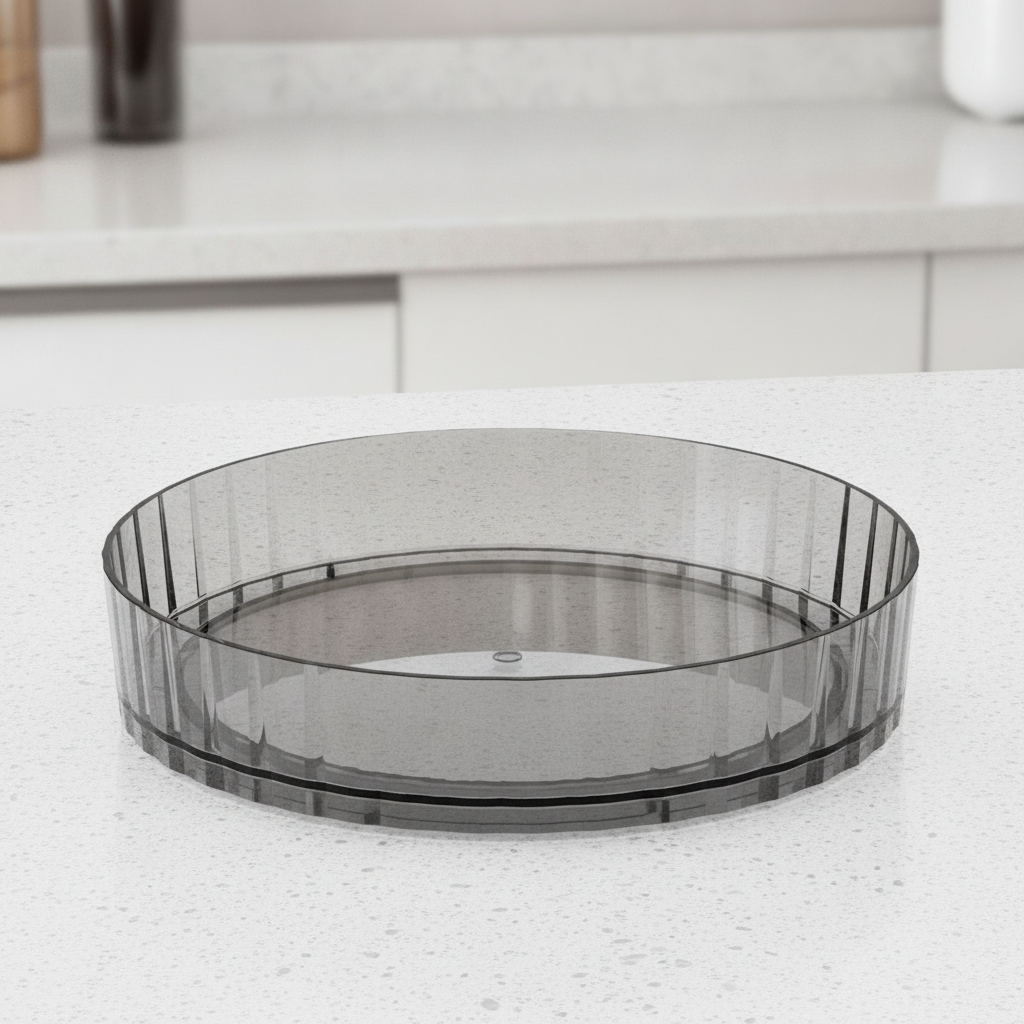 Smoke-gray rotating turntable spice organizer with generic jars, studio